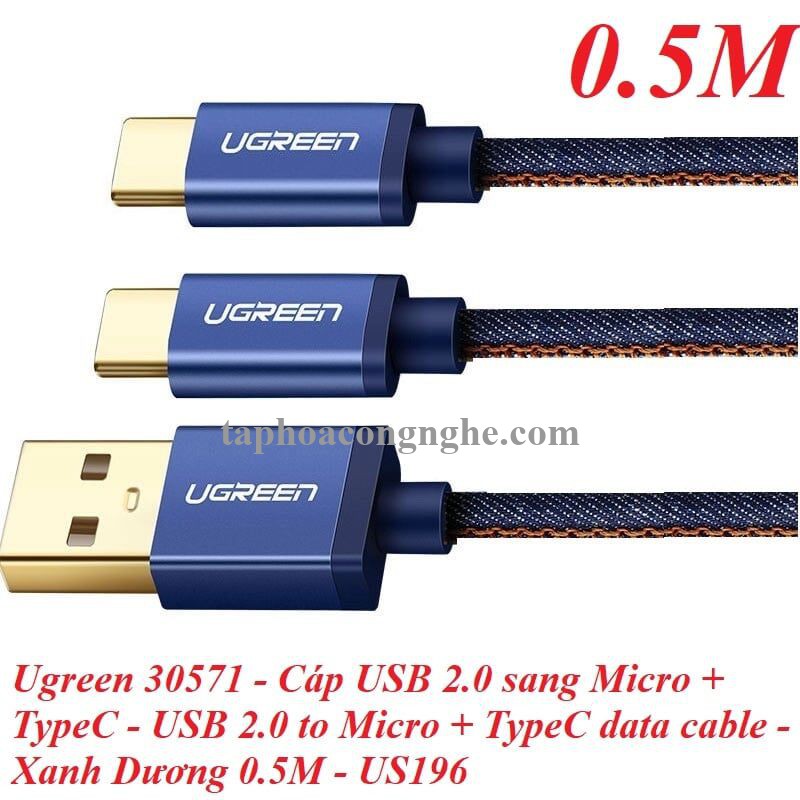 Ugreen 30571 0.5m màu xanh Cáp USB-A 2.0 sang Micro USB + USB-C US196 30030571